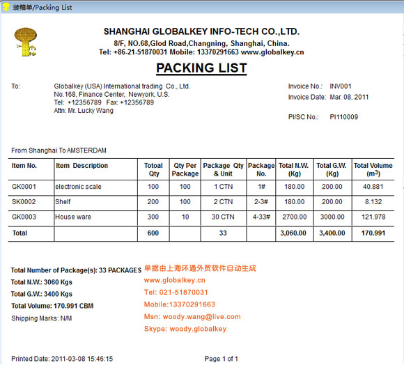 packing list pl 装箱单